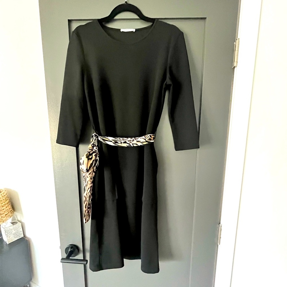 Zara black dress, mid sleeve, leopard belt, comes to knee, pockets